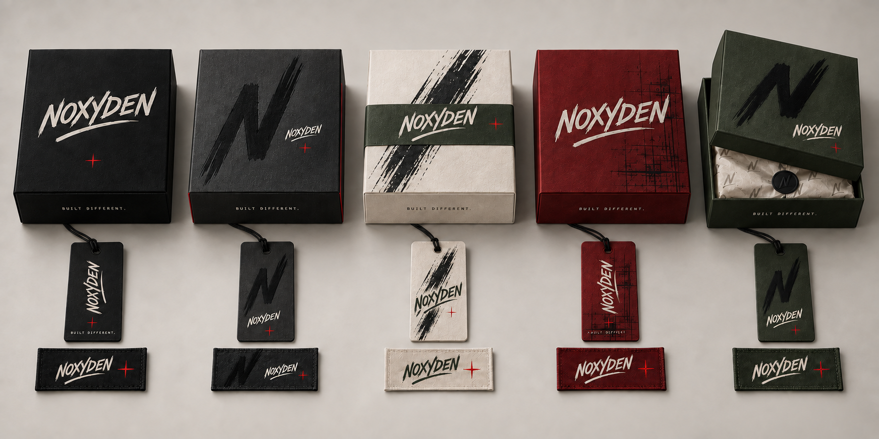 NOXYDEN five-color boxes, hangtags and woven labels